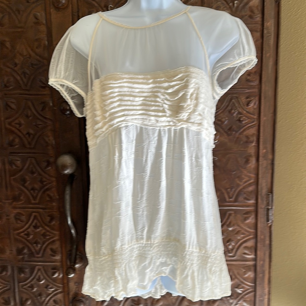 BCBG Maxaria ivory sheer ruffle blouse —medium